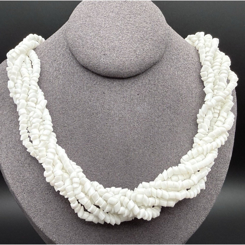 Vintage White Seed Bead Necklace Multi Strand Twisted Boho Statement Germany 18"
